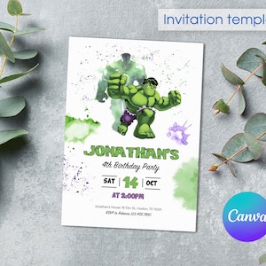 Unglaubliche Hulk bearbeitbare Einladung, druckbare Geburtstagseinladung für Jungen, Superhelden-Geburtstag einladen, Rächer-Geburtstagsfeier