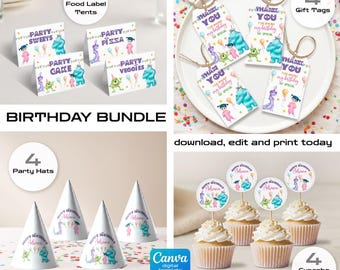 Monster Inc Party Bundle: Gift Tags, Cupcake Toppers, Table Tent, Party Hats - Editable Printable Templates