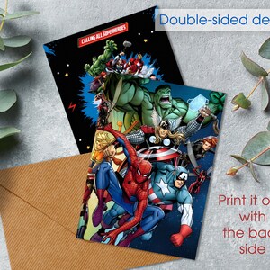 May include: Double-sided printable card featuring a comic book style illustration of various superheroes, including Spider-Man, Captain America, Hulk, and Thor. The text "Calling All Superheroes" is at the top of the card.