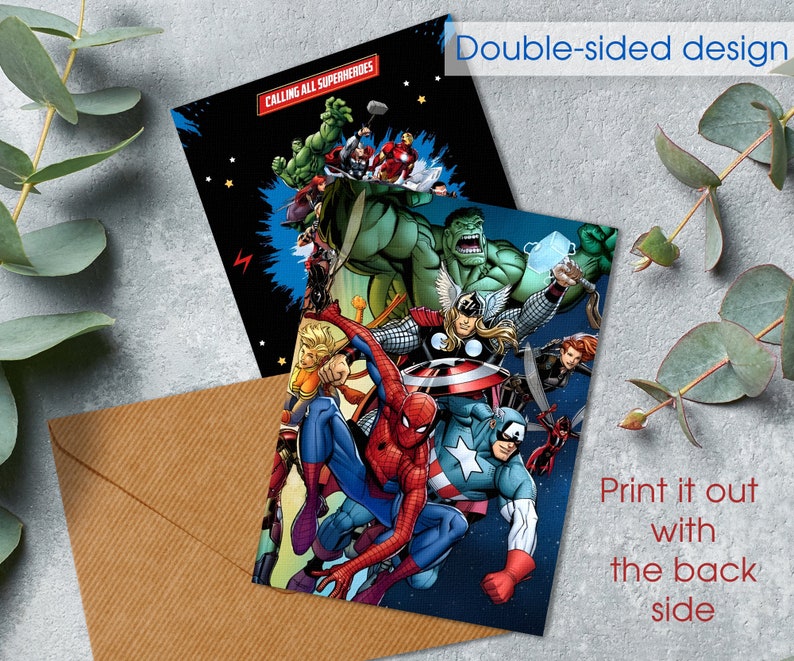 May include: Double-sided printable card featuring a comic book style illustration of various superheroes, including Spider-Man, Captain America, Hulk, and Thor. The text "Calling All Superheroes" is at the top of the card.