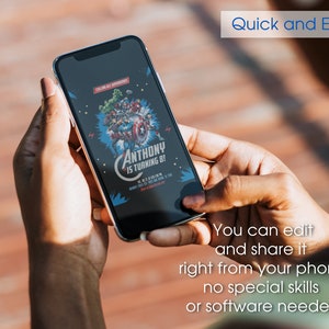 May include: A smartphone displaying a digital invitation for a birthday party. The invitation features a colorful illustration of various superheroes, including Captain America, Iron Man, Hulk, and Thor. The text on the invitation reads "Calling all superheroes! Anthony is turning 8!"