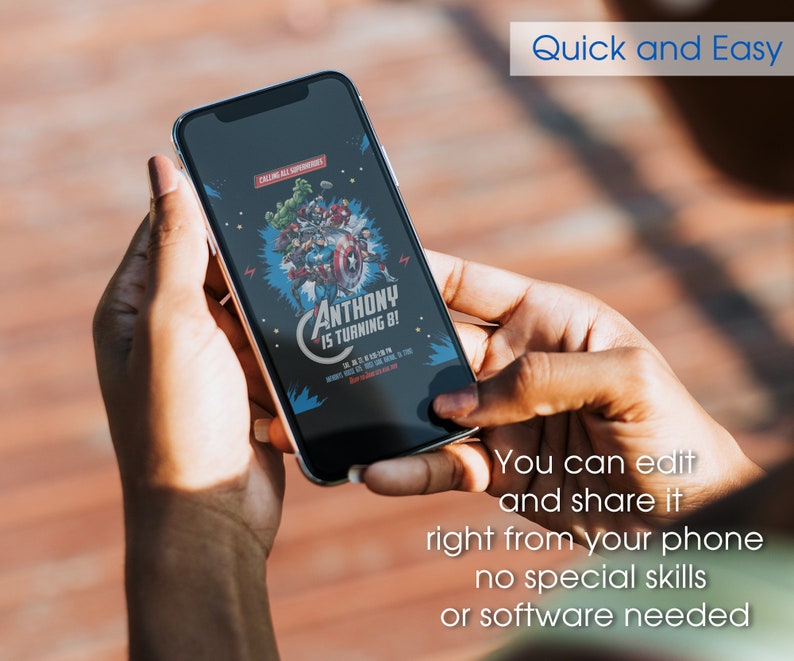 May include: A smartphone displaying a digital invitation for a birthday party. The invitation features a colorful illustration of various superheroes, including Captain America, Iron Man, Hulk, and Thor. The text on the invitation reads "Calling all superheroes! Anthony is turning 8!"