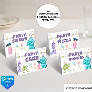 Monster Inc printable table tent, food or name lable, birthday party Editable Template, diy Monsters University bday decorations