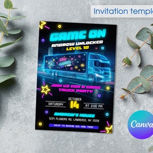 May include: A neon blue and pink invitation for a game truck party. The invitation features a pixelated image of a semi-truck with the text "GAME ON" and "Andrew Unlocked Level 10". The invitation also includes the date, time, and location of the party.