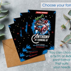 May include: A black and blue invitation with a comic book style illustration of superheroes, including Captain America, Hulk, Iron Man, and Thor. The text reads "Calling All Superheroes" and "Anthony is turning 8!"
