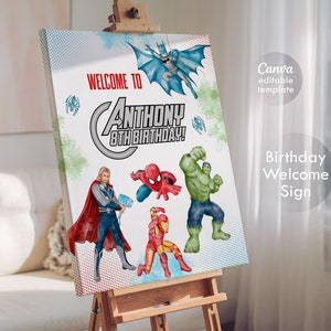 Avengers Printable Welcome Sign template, Superhero Birthday Party Welcome in Poster, Boy hulk, captain america, spiderman, iron man