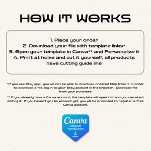 May include: A graphic with the text "HOW IT WORKS" in bold black letters. Instructions are listed in a white box: Place order, download file, open in Canva, print and cut. A Canva logo with a downward arrow is at the bottom.