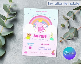 Peppa Pig Birthday Invitation Template, Editable Printable Invite, digital Girls Kids Birthday invite