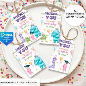 Monster Inc printable gift tags, birthday party thank you card, Editable Template, diy Monsters University bday decorations,  party favors
