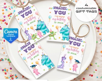 Monster Inc printable gift tags, birthday party thank you card, Editable Template, diy Monsters University bday decorations,  party favors