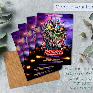 May include: Purple invitation with a collage of Marvel superheroes, including Hulk, Iron Man, Thor, and Captain America. The text reads "Calling all Superheroes" and "Frederick is turning 6".