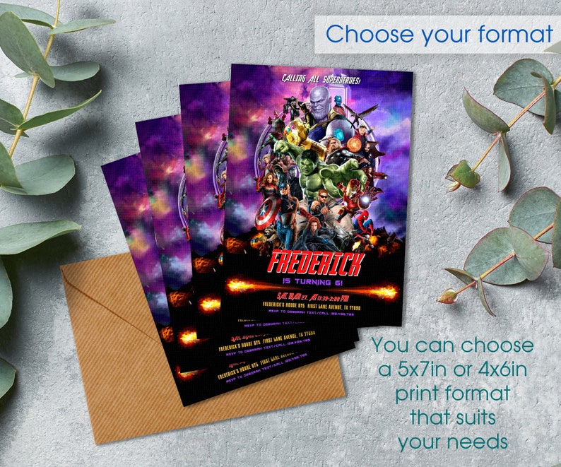 May include: Purple invitation with a collage of Marvel superheroes, including Hulk, Iron Man, Thor, and Captain America. The text reads "Calling all Superheroes" and "Frederick is turning 6".