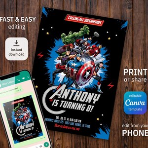 May include: Editable Canva template for a superhero themed birthday party invitation. The invitation features a black background with a blue and red comic book style design. The text "Calling All Superheroes" is at the top of the invitation. The text "Anthony is turning 8!" is in a large font at the bottom of the invitation. The invitation also includes the date, time, and location of the party.
