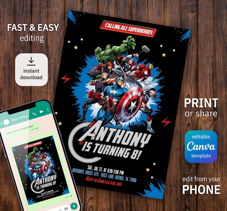 May include: Editable Canva template for a superhero themed birthday party invitation. The invitation features a black background with a blue and red comic book style design. The text "Calling All Superheroes" is at the top of the invitation. The text "Anthony is turning 8!" is in a large font at the bottom of the invitation. The invitation also includes the date, time, and location of the party.