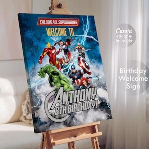 Avengers Printable Welcome Sign template, Superhero Birthday Party Welcome in Poster, Boy hulk, captain america, spiderman, iron man