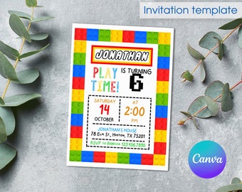 Invito di elementi costitutivi, invito di compleanno di costruzione, modello di invito a una festa modificabile stampabile