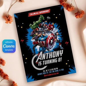 May include: A black and blue birthday invitation with a superhero theme. The invitation features a group of superheroes, including Captain America, Hulk, Iron Man, and Thor. The text on the invitation reads "Calling all superheroes" and "Anthony is turning 8!"