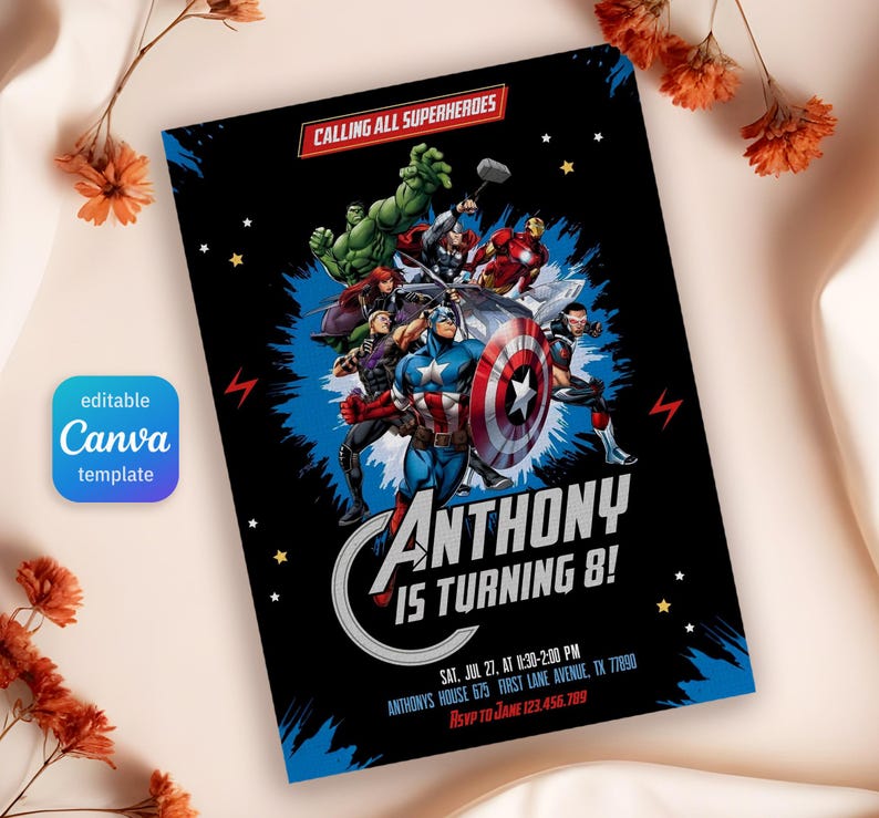 May include: A black and blue birthday invitation with a superhero theme. The invitation features a group of superheroes, including Captain America, Hulk, Iron Man, and Thor. The text on the invitation reads "Calling all superheroes" and "Anthony is turning 8!"