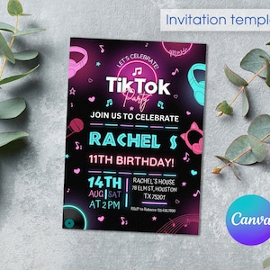 TikTok-verjaardagsuitnodiging, tiktok-uitnodiging, afdrukbare bewerkbare uitnodigingssjabloon voor feest, bloggerfeest, tik-tok-muziekfeest