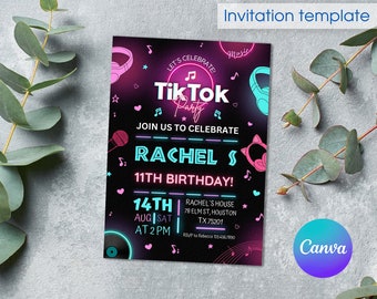 TikTok birthday invitation, tik tok invite, printable editable party invite template, blogger party, tik-tok music party