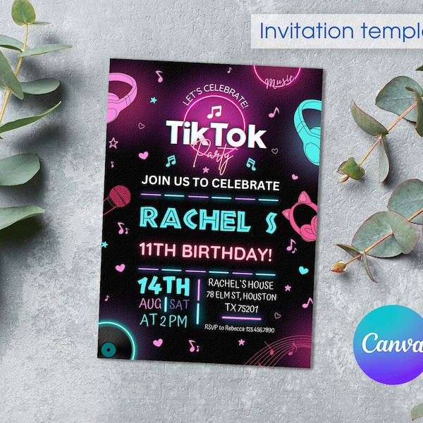 TikTok birthday invitation, tik tok invite, printable editable party invite template, blogger party, tik-tok music party