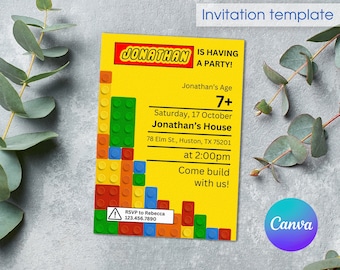 Building blocks invitation, construction birthday invitation, printable editable party invite template