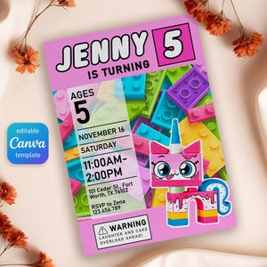May include: A pink birthday party invitation with the text "JENNY 5 IS TURNING". The invitation includes the date, time, and location. A cartoon unicorn is featured on the invitation, along with colorful building blocks. The Canva template is editable.