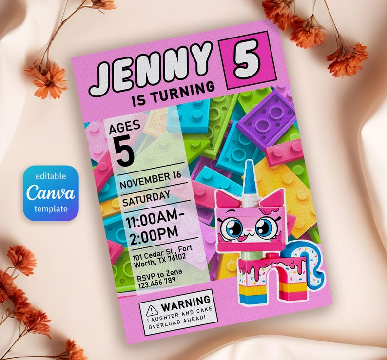 May include: A pink birthday party invitation with the text "JENNY 5 IS TURNING". The invitation includes the date, time, and location. A cartoon unicorn is featured on the invitation, along with colorful building blocks. The Canva template is editable.