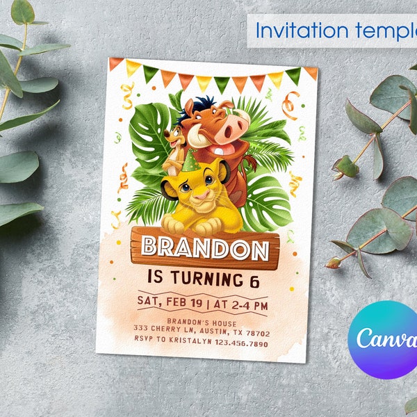 Invitación de cumpleaños del Rey León, invitación de Simba, plantilla de invitación de fiesta editable imprimible, fiesta de hakuna matata, animales de safari evitar