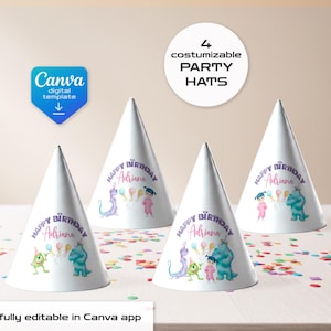 Monster Inc printable party hats, birthday party Editable Template, diy Monsters University bday decorations,  party favors