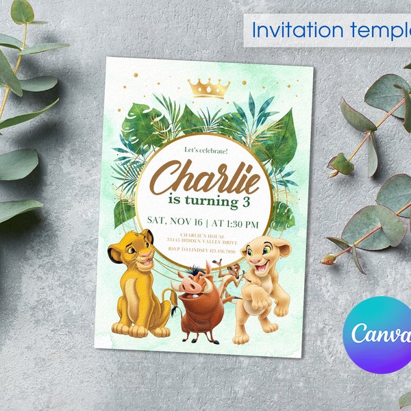 Lion King birthday invitation, Simba invite, printable editable party invite template, hakuna matata party, safari animals evite