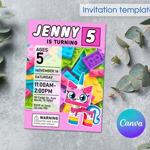 May include: Pink birthday invitation template with the text "JENNY 5 IS TURNING". The invitation includes the date, time, and location of the party. A colorful cartoon character is featured on the invitation, along with the Canva logo.