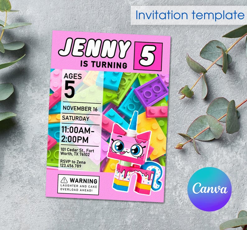 May include: Pink birthday invitation template with the text "JENNY 5 IS TURNING". The invitation includes the date, time, and location of the party. A colorful cartoon character is featured on the invitation, along with the Canva logo.