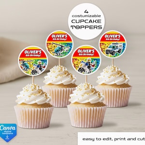 Building Blocks printable cupcake toppers, birthday cake decor, Construction Police Car party Editable Template, diy Bricks bday decorations