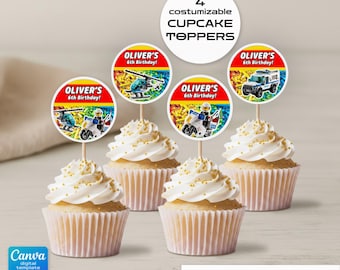 Building Blocks printable cupcake toppers, birthday cake decor, Construction Police Car party Editable Template, diy Bricks bday decorations