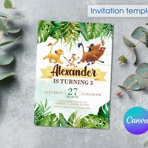 Convite de aniversário do Rei Leão, convite Simba, modelo de convite de festa editável para impressão, festa hakuna matata, convite de animais de safári