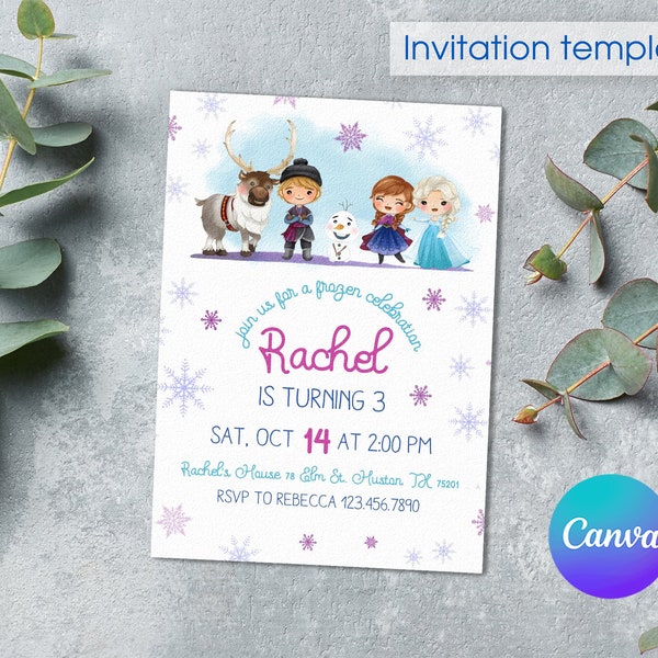 Printable Birthday Invitation, Frozen invitation, editable winter invite, Princess Elsa invite, Frozen Anna invite template, girl birthday