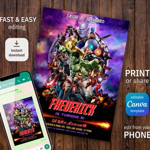 May include: A purple, blue, and orange digital invitation with a collage of Marvel superhero characters. The text "Calling All Superheroes!" is at the top of the invitation. The text "Frederick is turning 6!" is in the center of the invitation. The text "Sat. Mar 27, At 11:30-2:00 PM" is below the name. The text "Frederick's House 675 First Lane Avenue, TX 77898" is below the date and time. The text "RSVP to Deborah Text/Call 188.YES.788" is below the address. The invitation is editable in Canva.