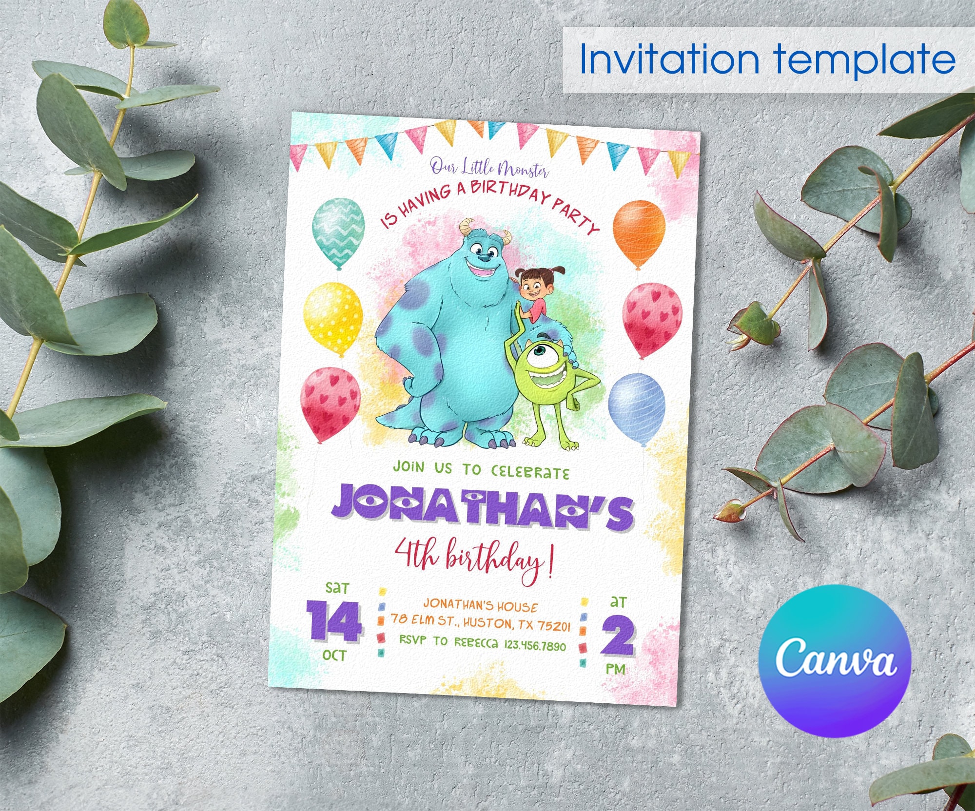 Monster birthday Invitation, 1st Birthday Invite, printable Monsters University template, Editable monster inc evite halloween boo-day party