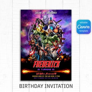 May include: A purple and blue birthday invitation featuring a collage of characters from the Avengers movie. The invitation says "Calling all superheroes!" and "Frederick is turning 6!" with details for the party.