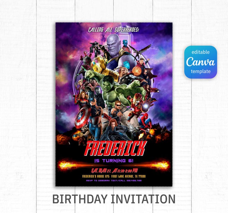 May include: A purple and blue birthday invitation featuring a collage of characters from the Avengers movie. The invitation says "Calling all superheroes!" and "Frederick is turning 6!" with details for the party.