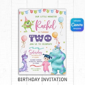 May include: A birthday invitation featuring characters from the movie Monsters, Inc. The invitation has a white background with colorful text and illustrations. The text reads "Rachel is turning two" and includes the date, time, and location of the party. The words "Birthday Invitation" are at the bottom.