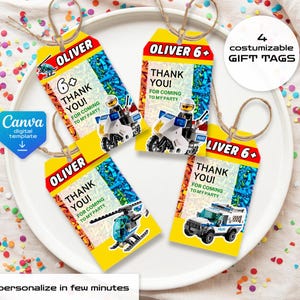 May include: Four customizable gift tags with a yellow background and the text "Thank You!" and "Oliver 6+". Each tag features a different Lego police vehicle: motorcycle, helicopter, and truck.