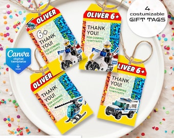 Building Blocks printable gift tags, birthday party thank you card, Construction Police Car Editable Template, diy Bricks bday decorations