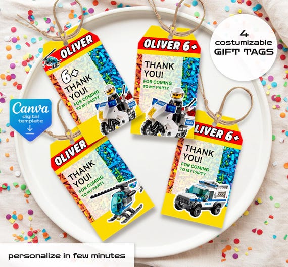 Building Blocks printable gift tags, birthday party thank you card, Construction Police Car Editable Template, diy Bricks bday decorations