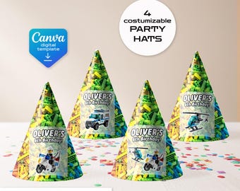 Building Blocks printable party hats, birthday party Construction Police Car Editable Template, diy Bricks bday decorations,  party favors
