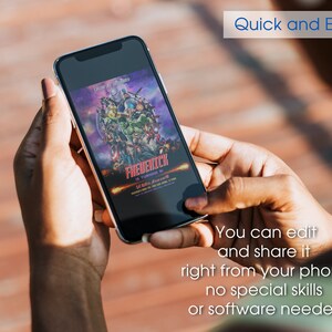 May include: A smartphone displaying a digital invitation for a party with a superhero theme. The invitation features a collage of various superheroes and the text "FREDERICK IS TURNING 10". The text "Quick and Easy" is displayed above the phone, indicating that the invitation can be edited and shared easily.