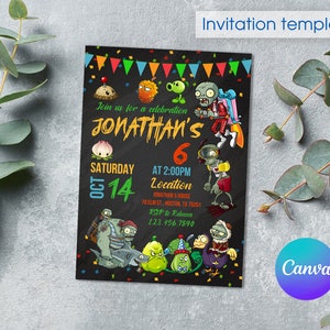 Plannen vs Zombies verjaardagsuitnodiging, game-uitnodiging, afdrukbare bewerkbare feestuitnodigingssjabloon, gamerfeest, halloweenfeest