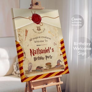 Harry Magical Geburtstag Willkommensschild, Zauberer willkommen in, druckbares Hexen Poster, bearbeitbare Geburtstagseinladungsvorlage