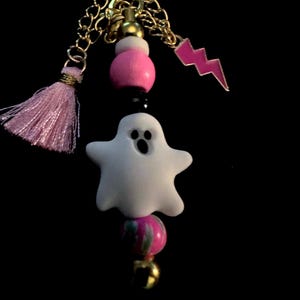 Pink Ghost Bag Charm: Halloween Keychain with Tassel & Beads